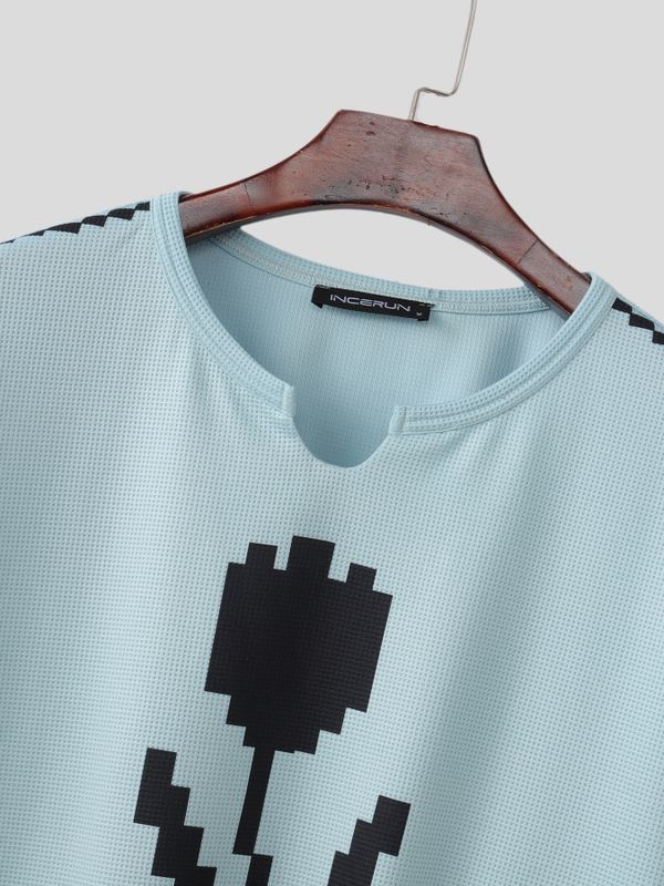 Men's High Street Retro Pixel Art Tulip Graphic Notch Neck Relaxed Knit T-shirt SKUL62117