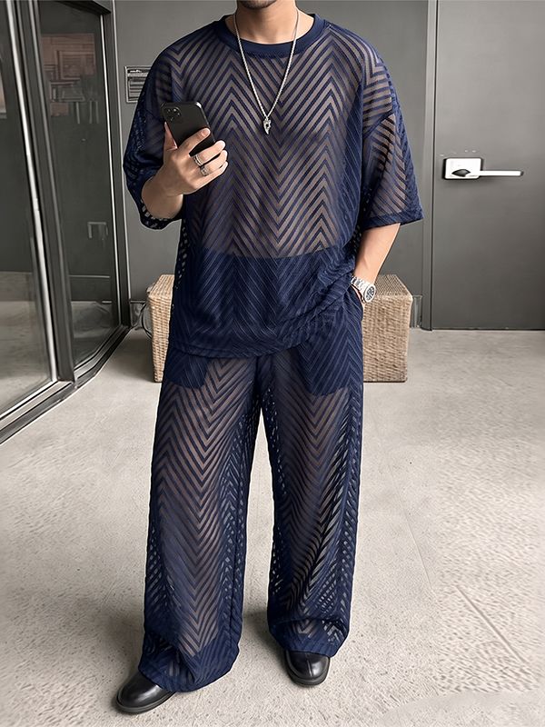 Men's Avant-Garde Sheer Chevron Mesh Two Pieces Outfit SKUL74698