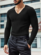 Men's Solid Color Textured V Neck Long Sleeve T-shirt SKUL47617