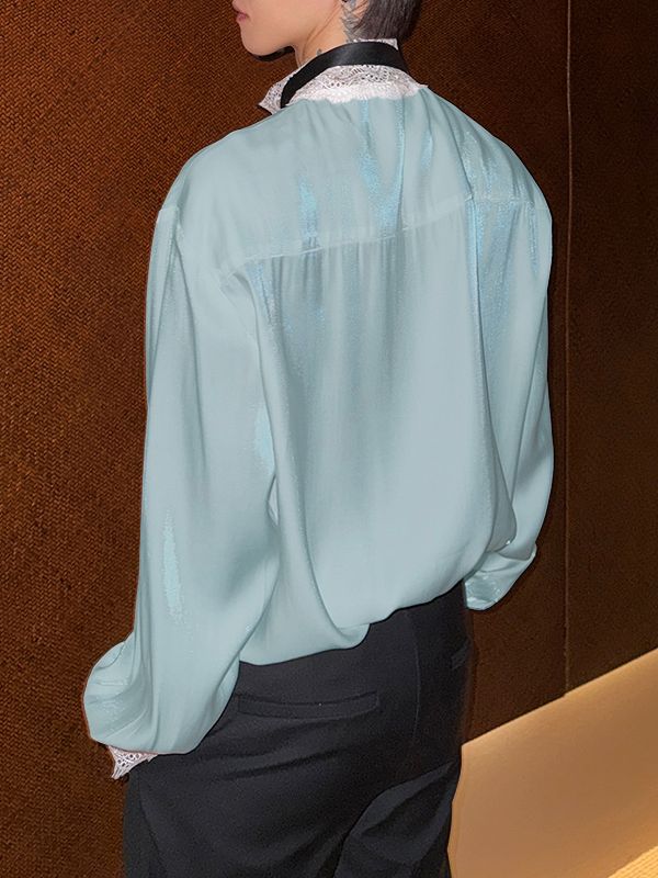 Men's Lace Trim Patchwork Ribbon Design Long Sleeve Shirt SKUL50006