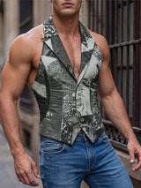 Men's Vintage Patchwork Print Lapel Collar Button Up Waistcoat SKUL69518