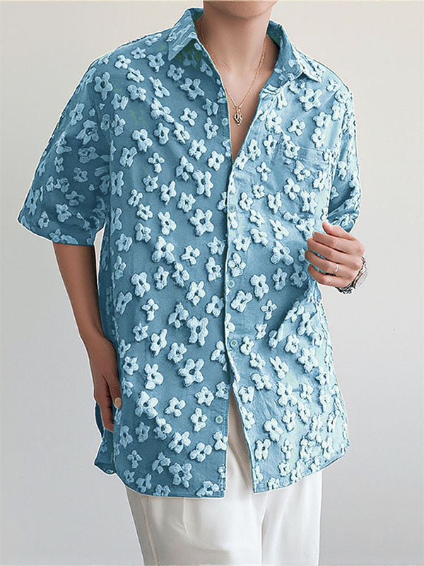 Mens Floral Jacquard Lapel Short Sleeve Shirt SKUK12443