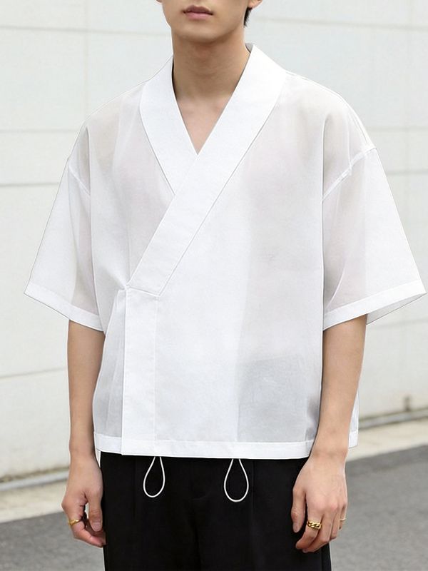 Men's Avant-Garde New Chinese Style Semi-Sheer Overlap Shirt SKUL58866