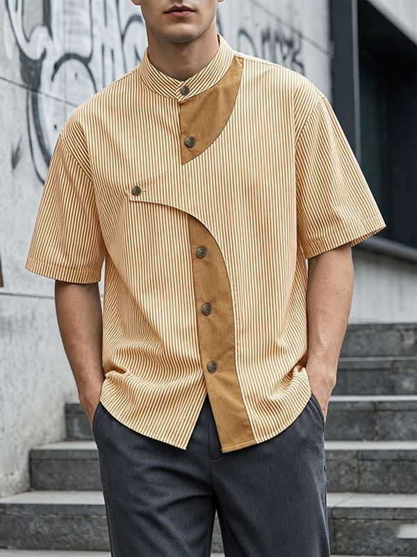 Men's Avant-Garde Asymmetrical Curved Contrast Placket Pinstripe Shirt SKUL64198