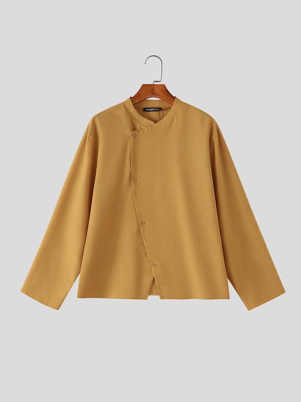 Men's Minimalist Zen Asymmetrical Button Front Stand Collar Loose Shirt SKUL76484