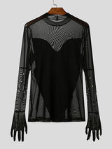 Mens Beaded Patchwork Mesh Sheer Long Sleeve T-Shirt SKUK91517