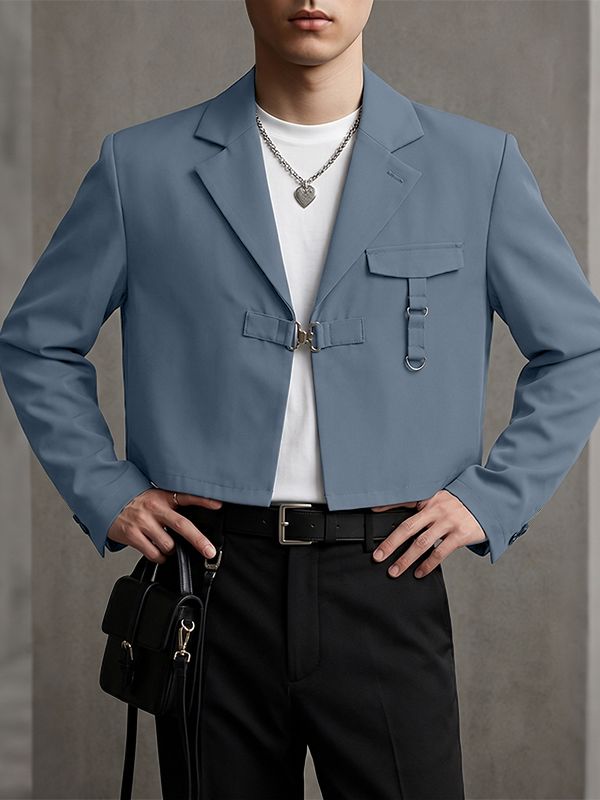 Men's Avant-Garde High Street Tactical Buckle Cropped Structured Blazer SKUL73644