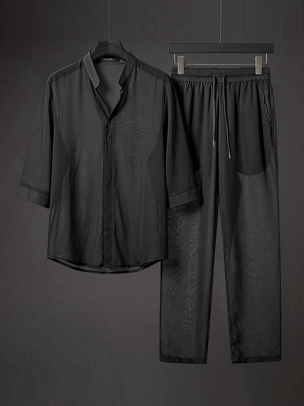 Men's Minimalist Resort Sheer Stand Collar Two Pieces Outfit SKUL75659
