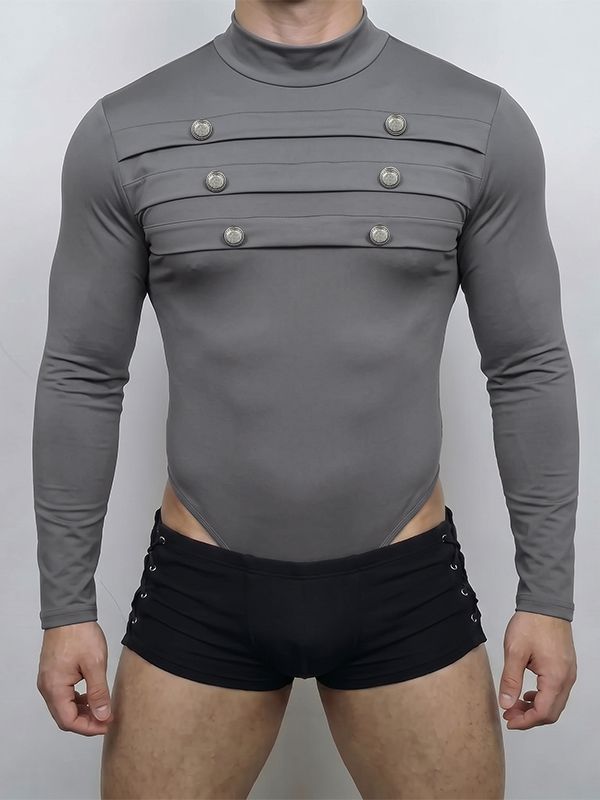 Men's Sexy Retro Stage Performance Military Pleated Double Breasted Button High Cut Long Sleeve Mock Neck Bodysuit SKUL83125
