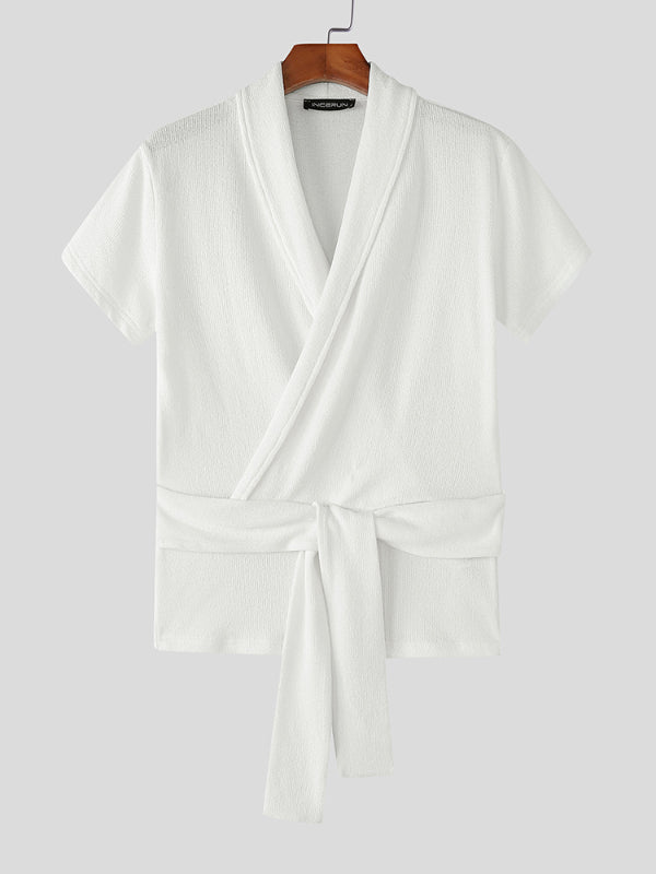 Mens Textured Lace-Up Short Sleeve T-Shirt SKUL11446