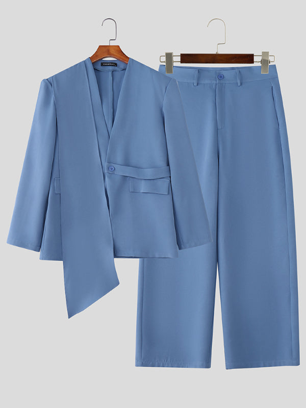 Men's Solid Color Twist Casual Two Pieces Outfit SKUL27314