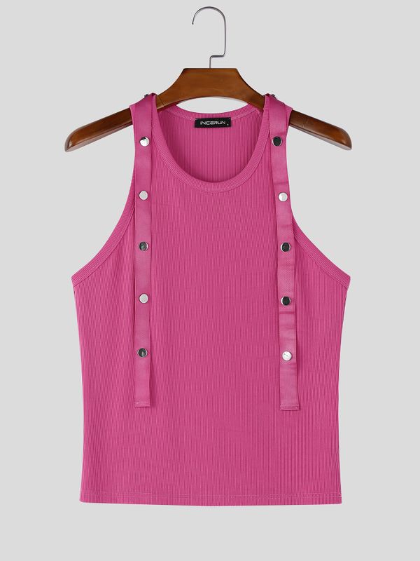 Men's Decorative Snap-Button Straps Patchwork Knit Crop Tank SKUL58716