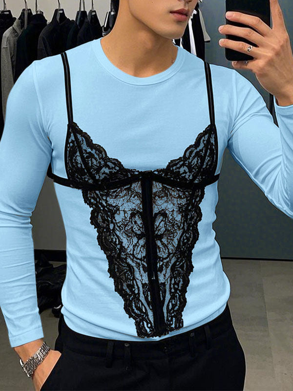 Mens Lace Print Knit Long-Sleeve T-Shirt SKUL02082