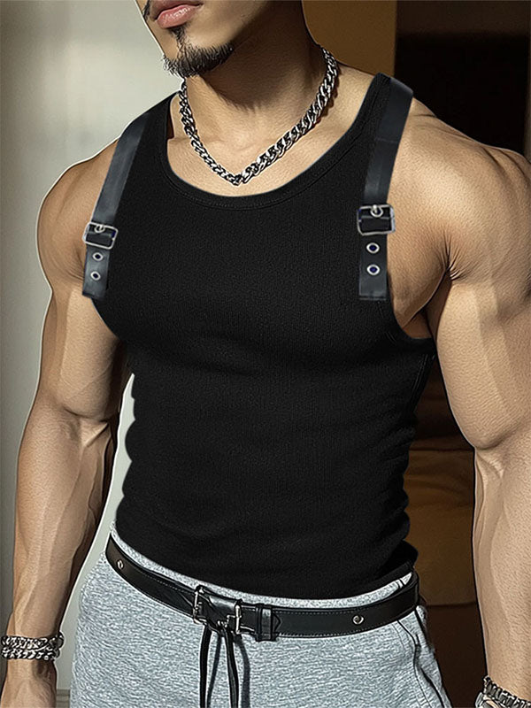 Mens Leather Strap Patchwork Knit Tank SKUL07639