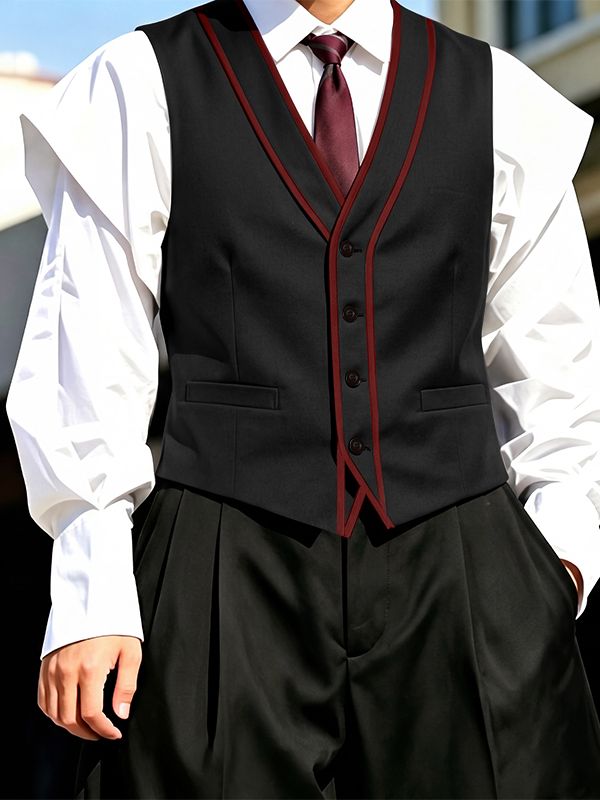 Men's Vintage Gentleman Formal Wedding Contrast Trim V-Neck Waistcoat SKUL83505