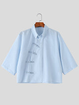 Men's New Chinese Style Gingham Frog Button Short Sleeve Shirt SKUL58785