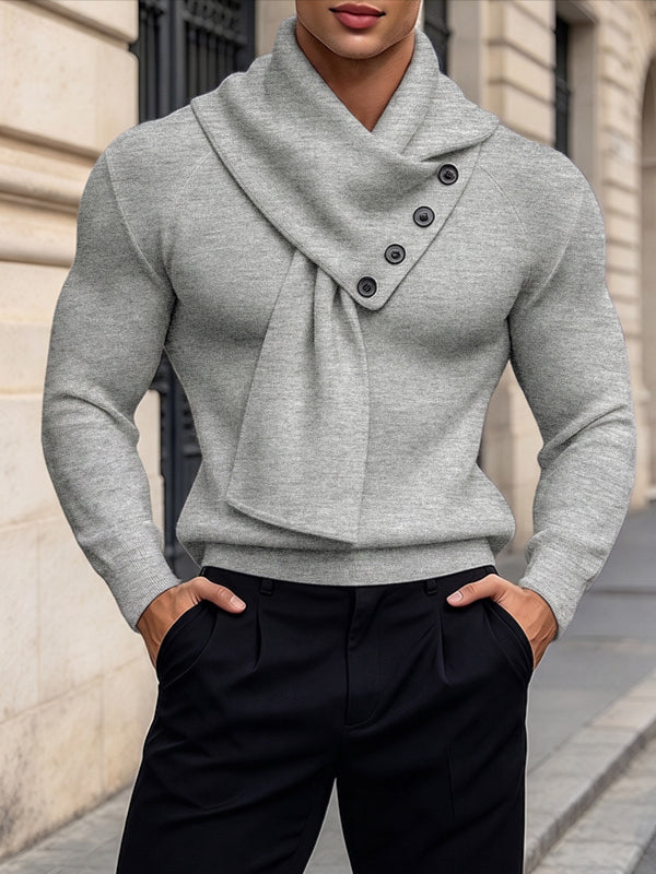 [Pre-order] Men's Smart Chic Evening Date Attached Scarf Four-Button Ribbed Sweater SKUL89238