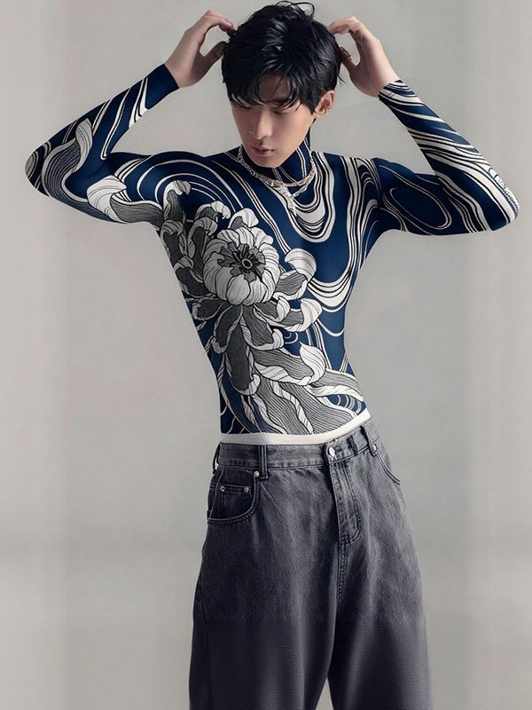 Men's Floral Tattoo Print High Neck Long Sleeve T-shirt SKUL45282