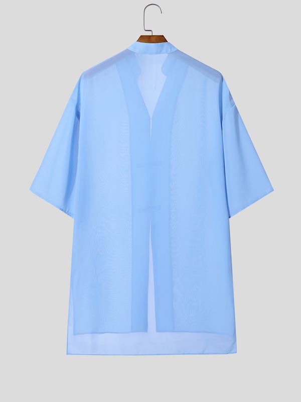 Men's New Chinese Style Sheer Chiffon Frog Button Side Split Long Kimono Shirt SKUL67204