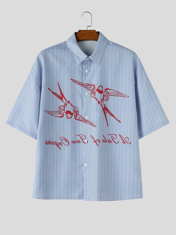 Men's Vintage Artistic Swallow Print Vertical Ribbed Short Sleeve Shirt SKUL69375