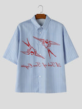 Men's Vintage Artistic Swallow Print Vertical Ribbed Short Sleeve Shirt SKUL69375