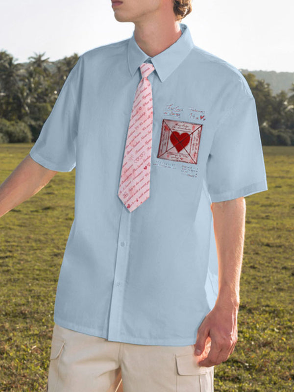 Men's Heart Print Colorblock Short Sleeve Shirt SKUL22250