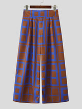 Men's Avant-Garde Graphic Grid Pattern High-Waisted Wide-Leg Pant SKUL61663