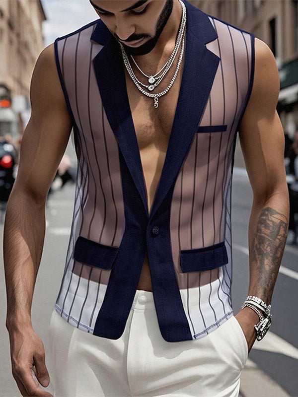 Men's Sheer Mesh Stripe Casual Waistcoat SKUL19022