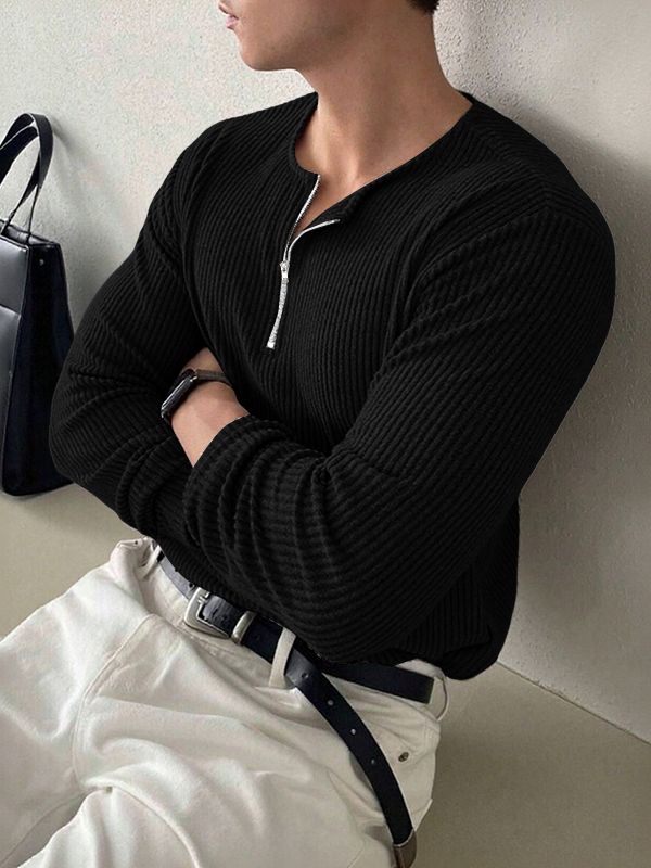 Men's Solid Color Textured Half Zip Long Sleeve T Shirt SKUL42818