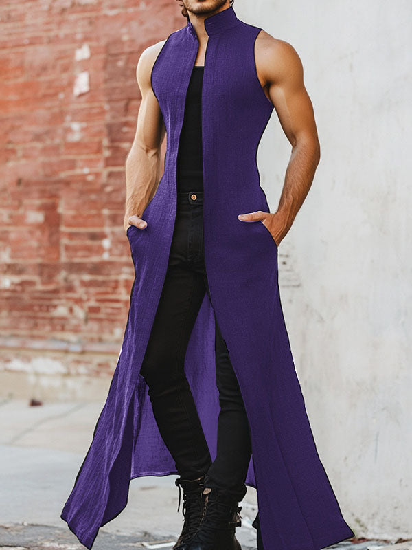 Mens Solid Color Stand Collar Sleeveless Long Cardigan SKUL05725