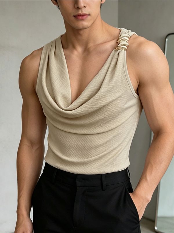 Men's Avant-Garde Dandy Aesthetic Metal Ring Detail Cowl Neck Fitted Tank SKUL69203