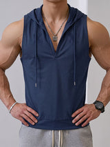 Men's Athletic Gym Deep Split V-Neck Drawstring Hood Muscle Cut Sleeveless Hooded Collar Tank SKUL80622