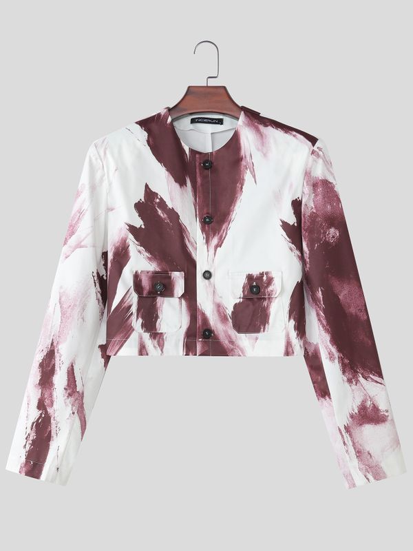Men's Avant-Garde Gallery Tie-Dye Brush Stroke Collarless Flap Pocket Long Sleeve Cropped Jacket SKUL79118