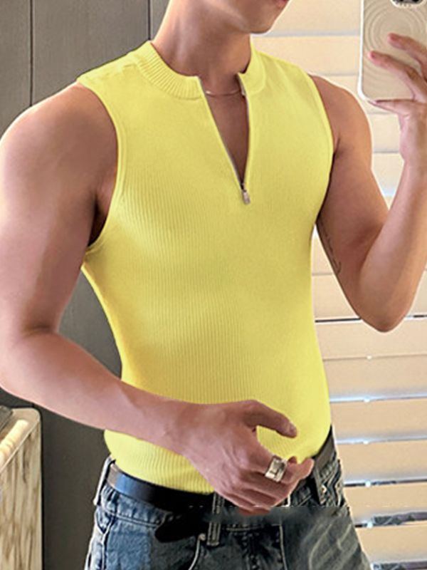 Men's Korean Minimalist Casual Ribbed Knit Half Zip Slim Fit Tank SKUL69704