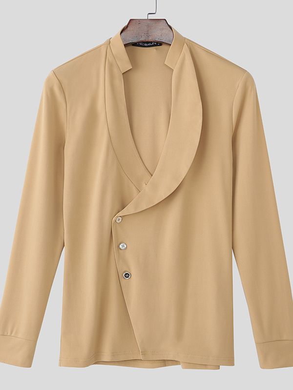 Men's Minimalist Asymmetrical Placket Deep V Neck Long Sleeve Shirt SKUL46281