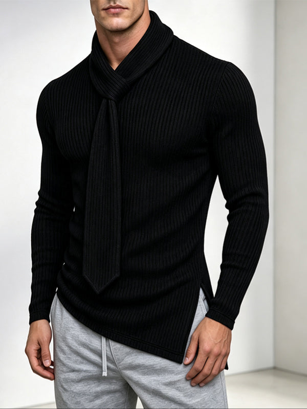Men's Early Autumn High Street Ribbed Knit Built-in Scarf Long Sleeve Tie Neck Pullover SKUL79682