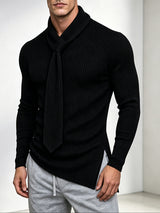 Men's Early Autumn High Street Ribbed Knit Built-in Scarf Long Sleeve Tie Neck Pullover SKUL79682
