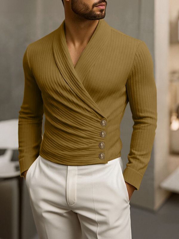 Men's Solid Color Asymmetric Placket Knit Long Sleeve T-shirt SKUL44008