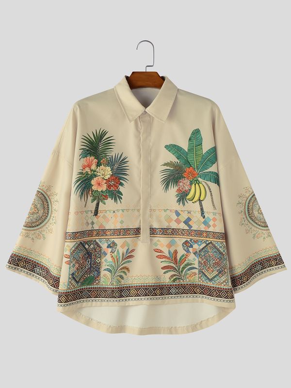 Men's Bohemian Tropical Print Oversized 3/4 Sleeve Pullover Shirt SKUL67355