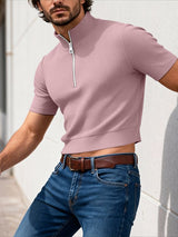 Men's Solid Color Textured Zip Short Sleeve T-shirt SKUL54063