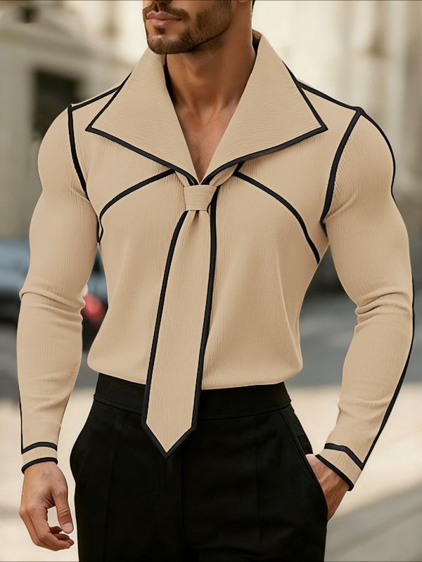 Men's Color Block Textured Knit Long Sleeve Shirt SKUL43805