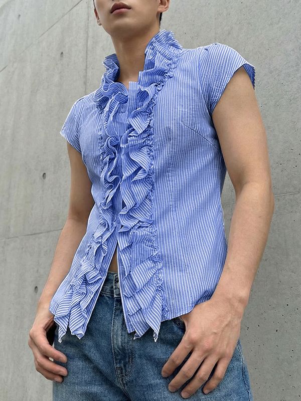 Men's Ruffle Design Striped Short Sleeve Shirt SKUL60110