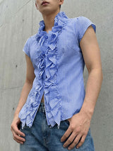 Men's Ruffle Design Striped Short Sleeve Shirt SKUL60110