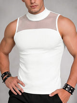 Men's Avant-Garde Mock Neck Mesh Patchwork Deconstructed Fitted Tank SKUL73728