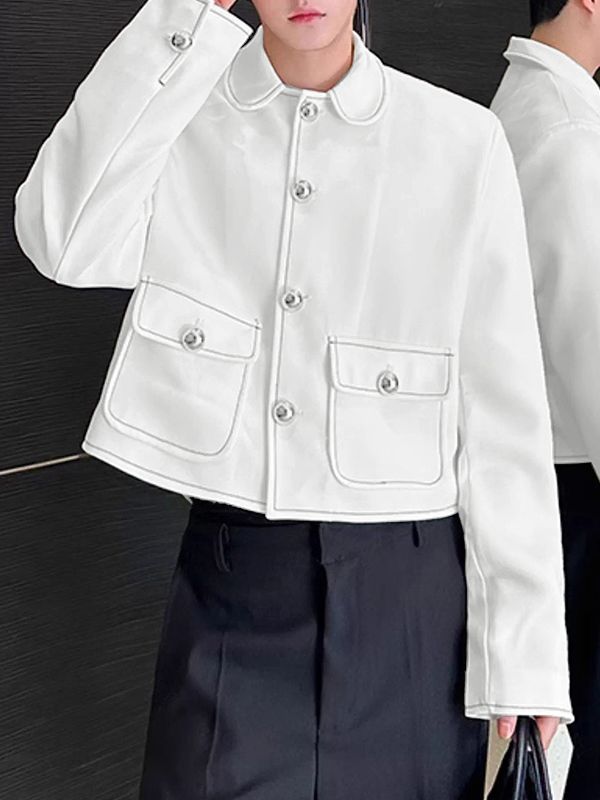 Men's Solid Color Topstitch Metal Button Long Sleeve Blazer SKUL48623