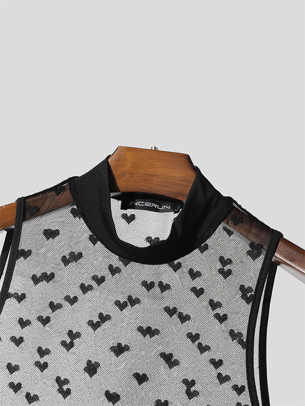 Mens Heart Print Sheer Mesh Bodysuit SKUL13903