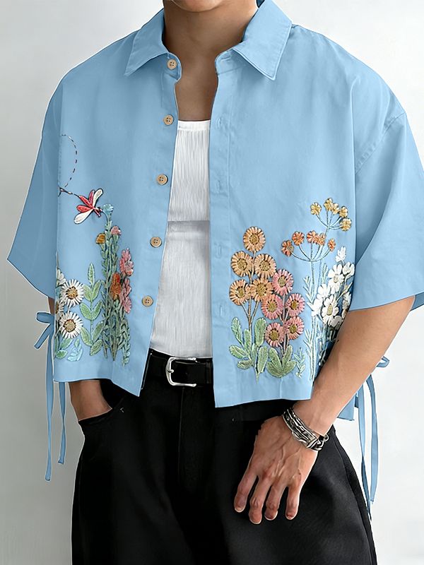 Men's Floral Faux Embroidery Print Side-Tie Ribbon Details Short Sleeve Shirt SKUL52628