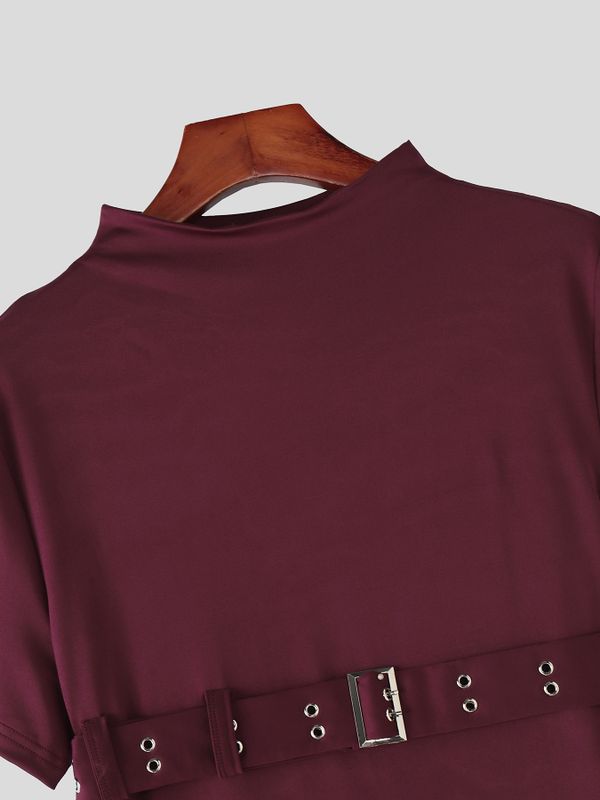 Men's Avant Garde Darkwear Harness Strap Asymmetrical Mock Neck Short Sleeve T-shirt SKUL64161