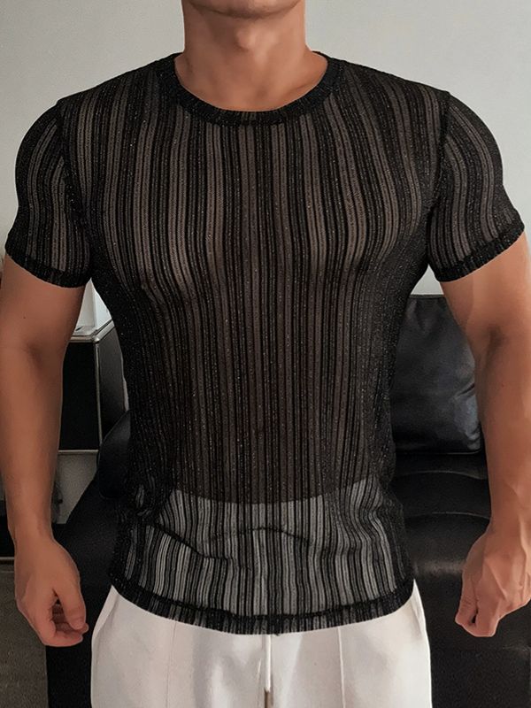Men's Avant-Garde Translucent Vertical Stripe Glitter Mesh Fitted Short Sleeve T-shirt SKUL72711