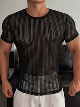 Men's Avant-Garde Translucent Vertical Stripe Glitter Mesh Fitted Short Sleeve T-shirt SKUL72711